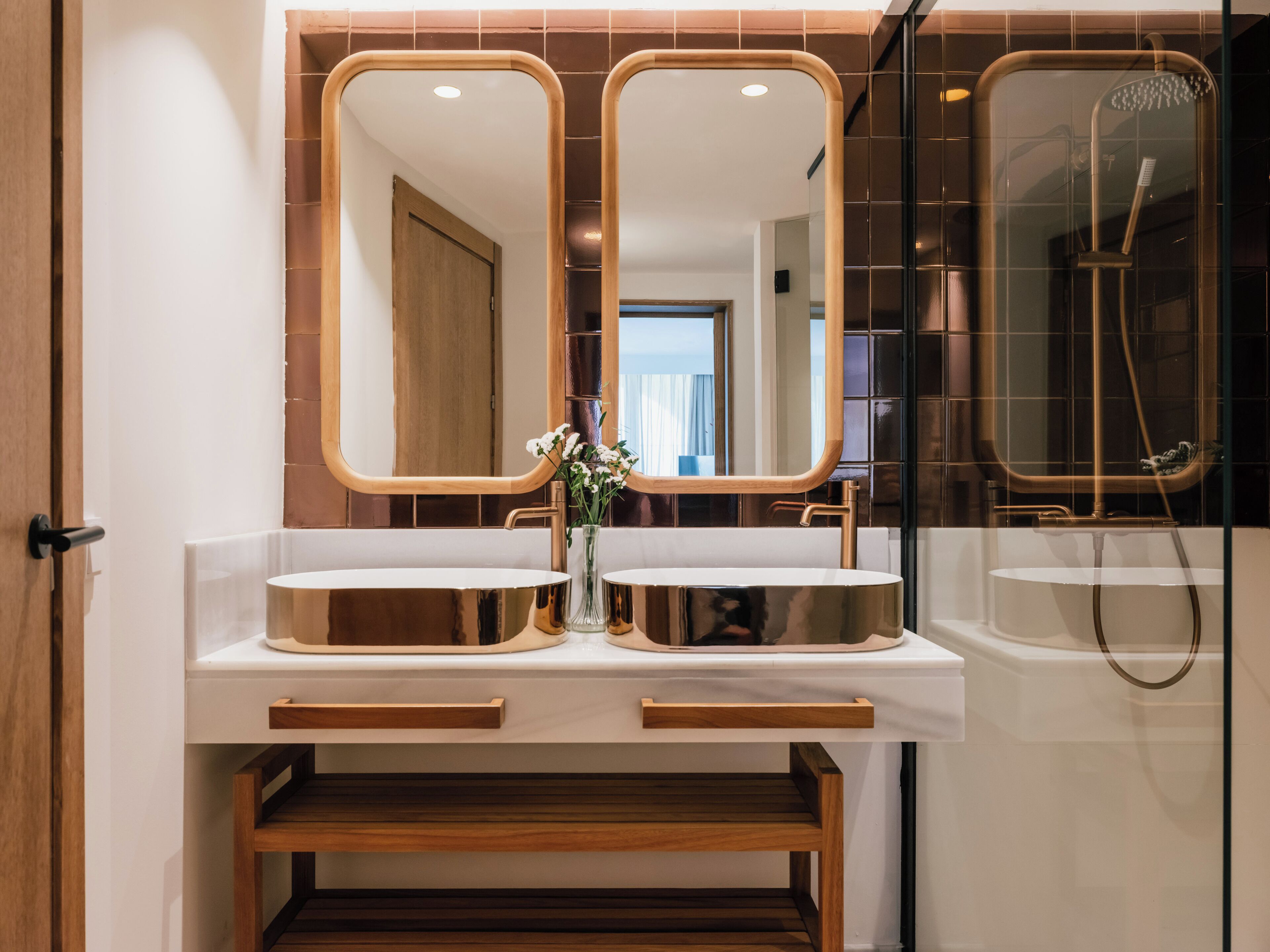Double vanity and ROCED Bronze wall at ME Marbella