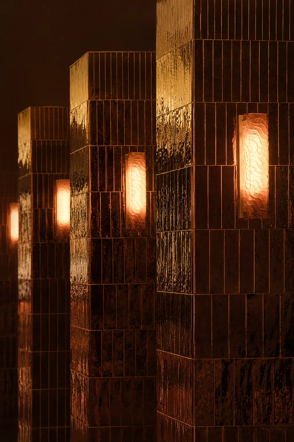 Warm light across columns clad in ROCED Bronze